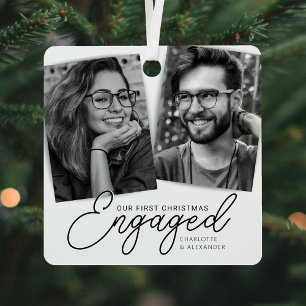 Modern First Christmas Engaged Photo Holiday Metal Ornament