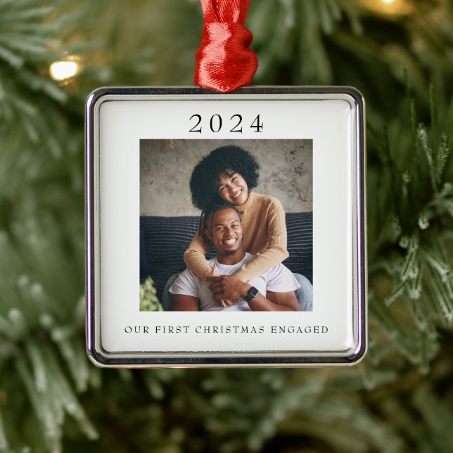 Modern First Christmas Engaged Photo Metal Ornament (Tree)