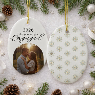 Modern First Christmas Engagement Photo Milestone Ceramic Ornament