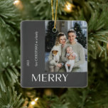 Modern First Christmas Family Merry Photo Collage Ceramic Ornament<br><div class="desc">Bring your family's first Christmas together to life with the Modern First Christmas Family Merry Photo Collage Xmas Tree Ornament! This stylish and personal decoration is the perfect way to commemorate your first holiday season as a family. Featuring four photos elegantly laid out in a modern collage, you can customize...</div>