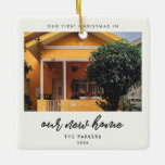 Modern First Christmas in our new home photo Ceramic Ornament<br><div class="desc">Our first Christmas in our new home: a trendy script and a simple design for this photo ornament gift. To customize with your favorite picture. You can also easily change the color of the font to your liking. A perfect housewarming gift or family keepsake to celebrate your First Christmas in...</div>