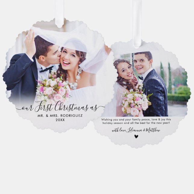 Modern First Christmas Married 2 Photo Christmas Ornament Card (Front/Back)