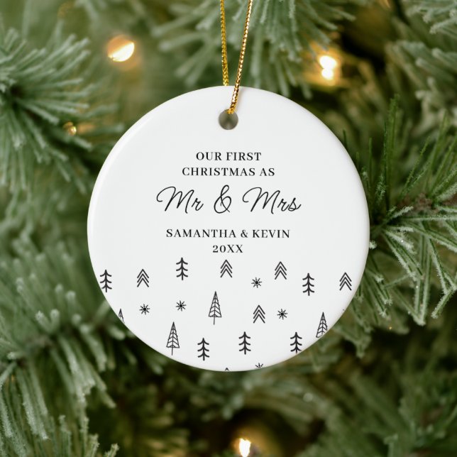 Modern First Christmas Married Mr And Mrs Wedding  Ceramic Ornament (Tree)