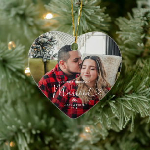 Modern First Christmas Married  Newlywed Photo  Ceramic Ornament