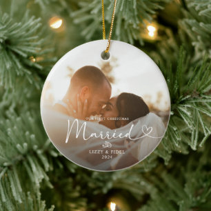 Modern First Christmas Married  Newlywed Photo  Ceramic Ornament