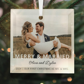 Modern First Christmas Married Photo Glass Ornament