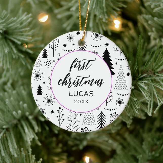 Modern First Christmas Photo Baby Ceramic Ornament (Tree)