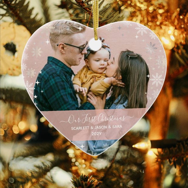Modern First Christmas Together 2 Photos Heart Ceramic Ornament (Our First Christmas Family & Child Baby Names 2 Photos Modern Elegant Calligraphy Snowflakes Heart)