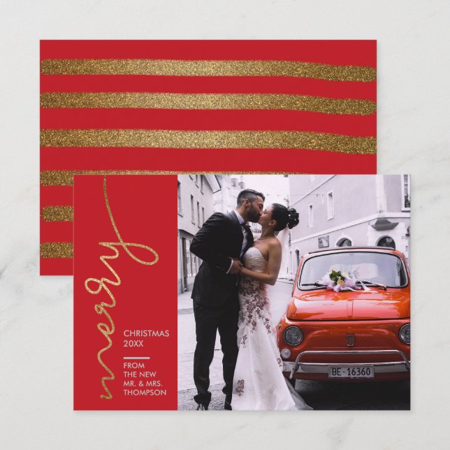 Modern First Christmas Wedding Faux Gold Card (Front/Back)