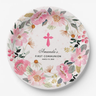 Modern First Communion Pink Floral Girl Paper Plate