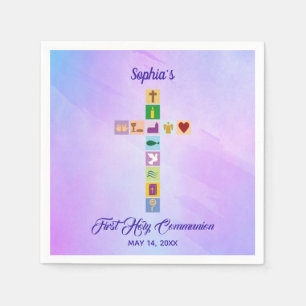 Modern First Holy Communion Colourful Cross Symbol Napkin