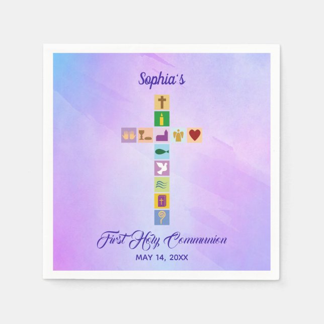Modern First Holy Communion Colourful Cross Symbol Napkin (Front)