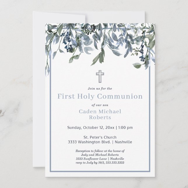Modern First Holy Communion Greenery Blue Flowers Invitation (Front)