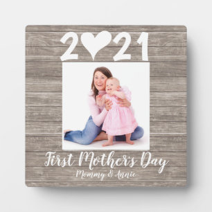 Modern First Mother's Day Heart Photo Faux Wood Plaque