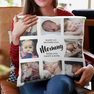 Modern First Mothers Day Photo Collage Throw Pillow