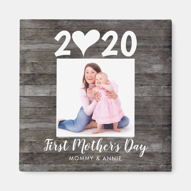 Modern First Mother's Day Photo Wood Keepsake Magnet (Front)