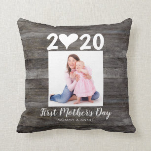 Modern First Mother's Day Script Heart Photo Wood Throw Pillow