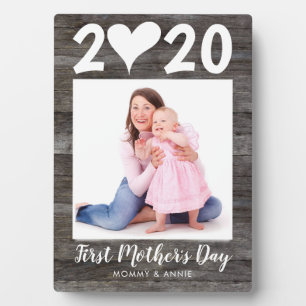 Modern First Mother's Day Simple Heart Wood Photo Plaque