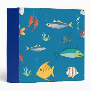 Modern Fish and Seahorse illustrated Pattern Blue Binder