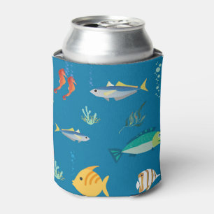 Modern Fish and Seahorse illustrated Pattern Blue Can Cooler