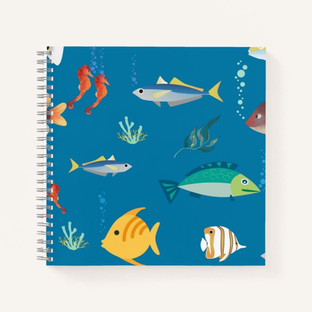 Modern Fish and Seahorse illustrated Pattern Blue Notebook (Front)