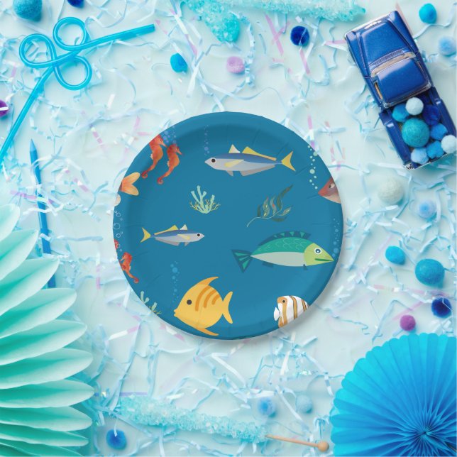 Modern Fish and Seahorse illustrated Pattern Blue Paper Plate (Party)