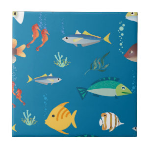 Modern Fish and Seahorse illustrated Pattern Blue Tile