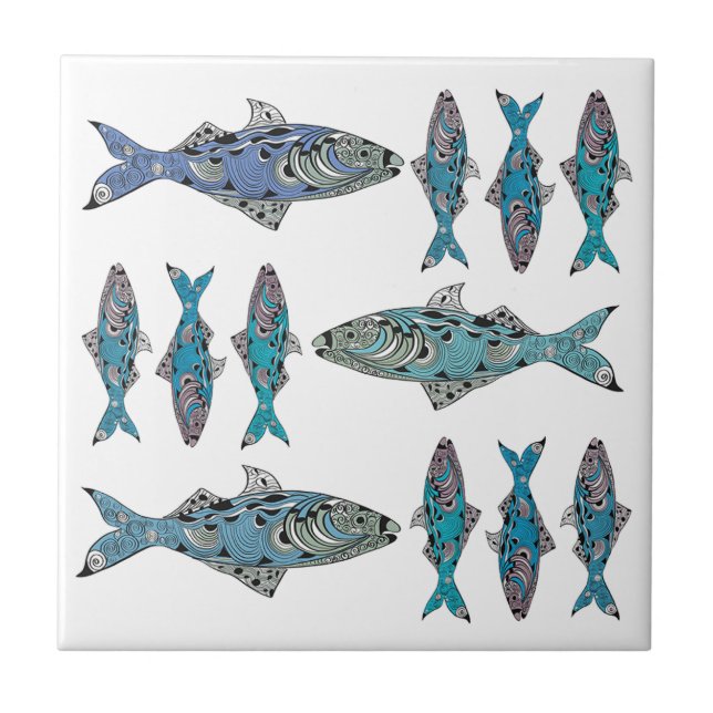 Modern fish blue green decorative ornate  pattern tile (Front)