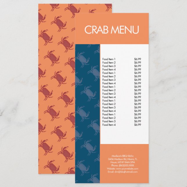 Modern Fish Seafood Crab Restaurant Pattern Menu (Front/Back)
