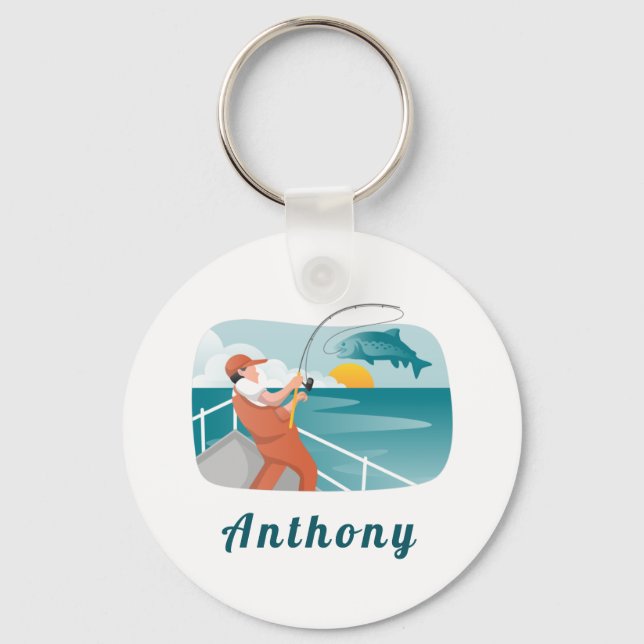 Modern Fisherman Illustration Fishing Lover's Name Keychain (Front)