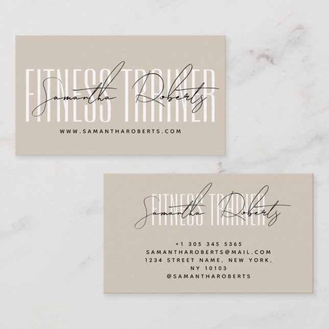 Modern fitness personal trainer beige business card (Front/Back)
