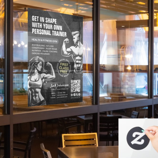 Modern Fitness Trainer Bodybuilding Gym Instructor Window Cling (Restaurant Window)