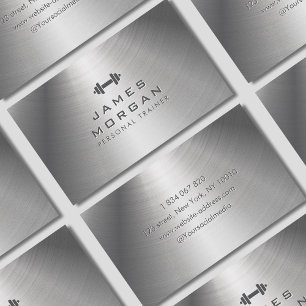 Modern Fitness Trainer Dumbbell Metal Texture Business Card