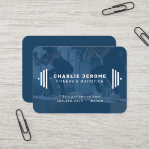 Modern fitness trainer navy blue photo business card