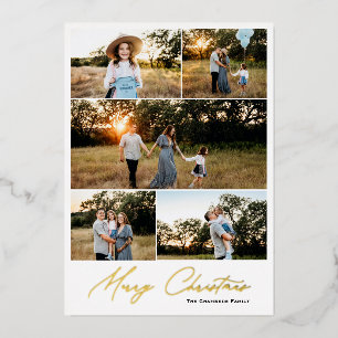Modern five photo Merry Christmas Minimal Foil Holiday Card