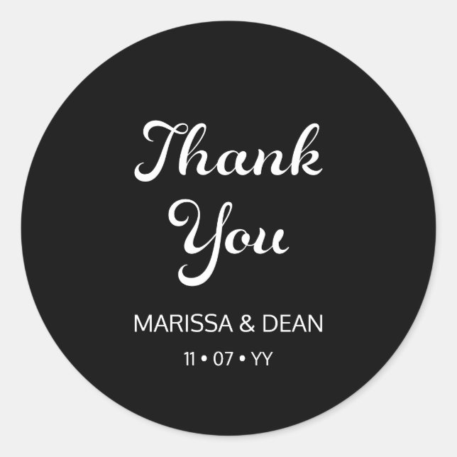 Modern Flair Script Minimalist Black Wedding Classic Round Sticker (Front)