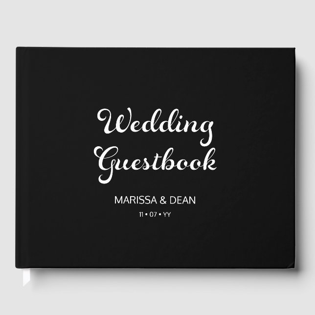 Modern Flair Script Minimalist Black Wedding Guest Book (Front)