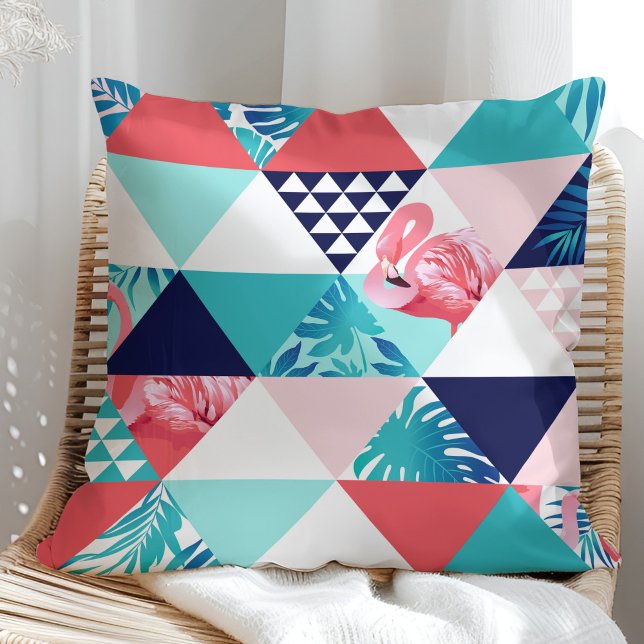 Modern Flamingo Geometric Pattern (Blue & Coral) Throw Pillow (Modern Tropical Leaves with Pink Flamingo Pillow in a sunny rattan armchair.)