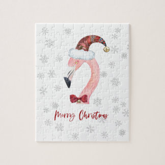 Modern Flamingo Santa Snowflake White Christmas Jigsaw Puzzle