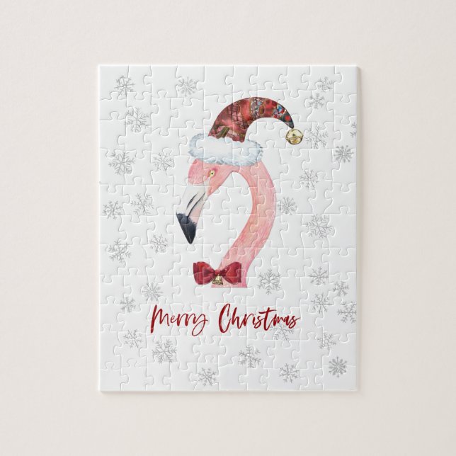 Modern Flamingo Santa Snowflake White Christmas Jigsaw Puzzle (Vertical)
