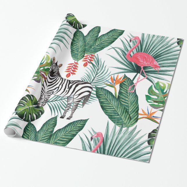 Modern flamingo zebra tropical leaf watercolor wrapping paper (Unrolled)