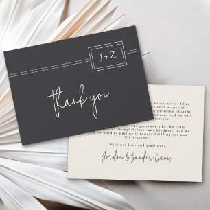 Modern Flat Black Minimalist Monogram Thank You Card