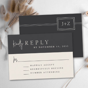 Modern Flat Black Minimalist Monogram Wedding RSVP