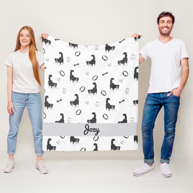 Modern Flat Design Border Collie & Bones Pattern Fleece Blanket (In Situ)