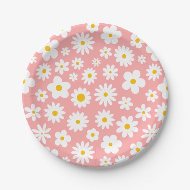 Modern Flat Graphic Daisy Pink Paper Plate (Front)