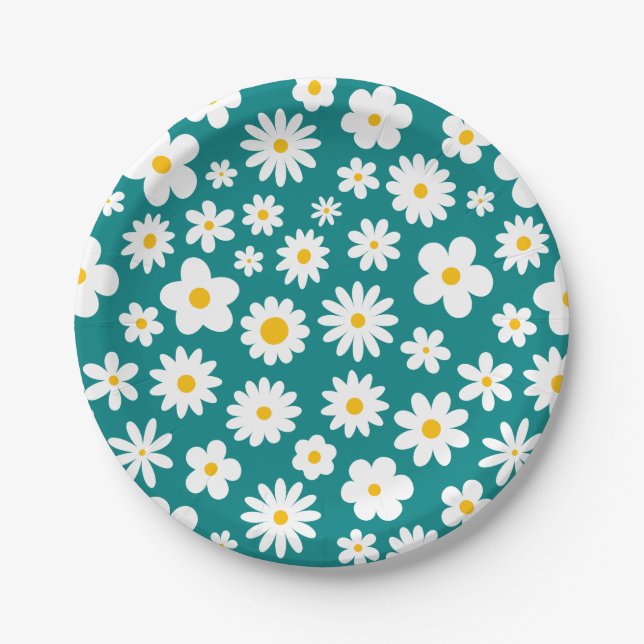 Modern Flat Graphic Daisy Teal Blue Paper Plate (Front)