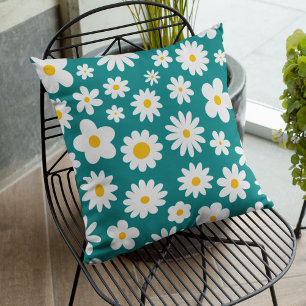 Modern Flat Graphic Daisy Teal Blue Throw Pillow
