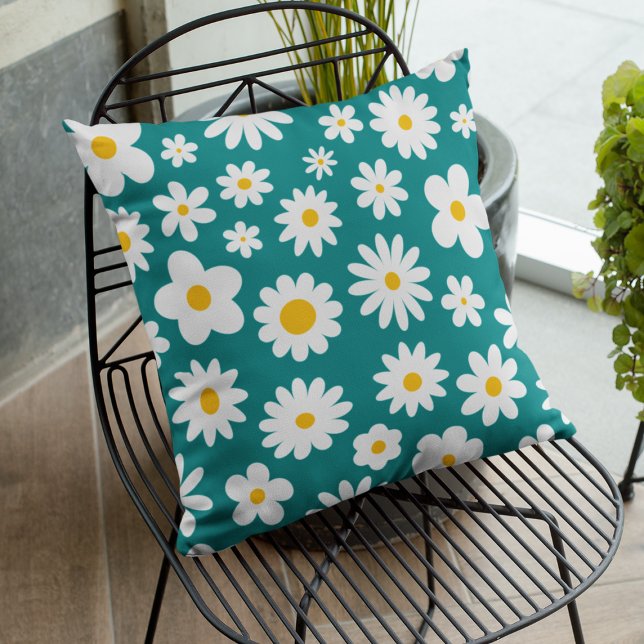 Modern Flat Graphic Daisy Teal Blue Throw Pillow (Creator Uploaded)