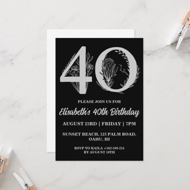 modern floral 40th birthday invitations (Front/Back In Situ)