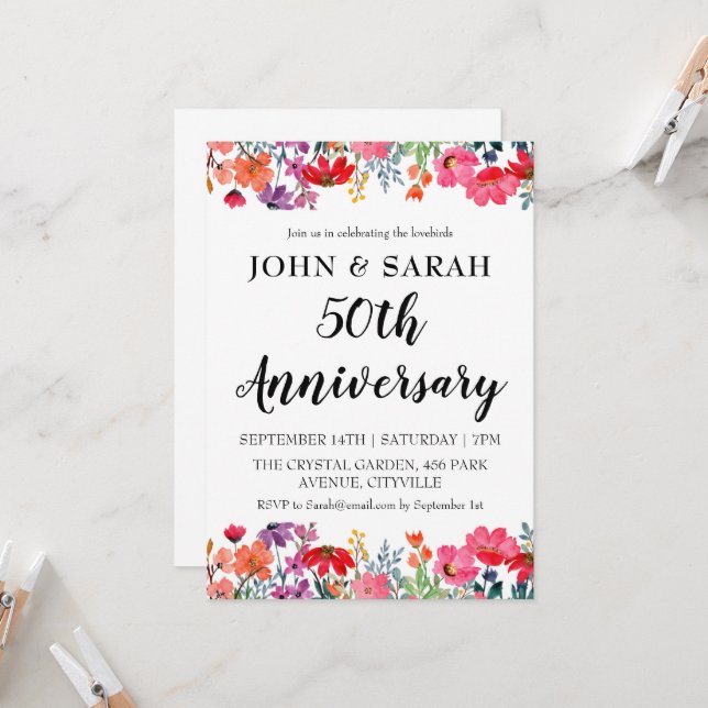 modern floral 50th anniversary party invitations (Front/Back In Situ)